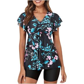 fartey Womens Swimsuits Tankini Two Piece Tropical Print Bathing Suits Tummy Control Flowy Athletic Swim Suits with Boyshorts