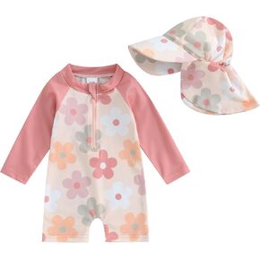 Baby Toddler Girls Beach Swimwear Long Sleeve Floral/Tropical Tree Print Zip Up Bathing Suits with Hat