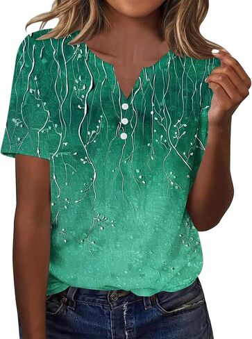 Womens Henley Tops Short Sleeve Loose Fit V Neck Causal Trendy Shirts Elegant Dressy Ladies Blouse Soft Comfy Tees in Kuwait