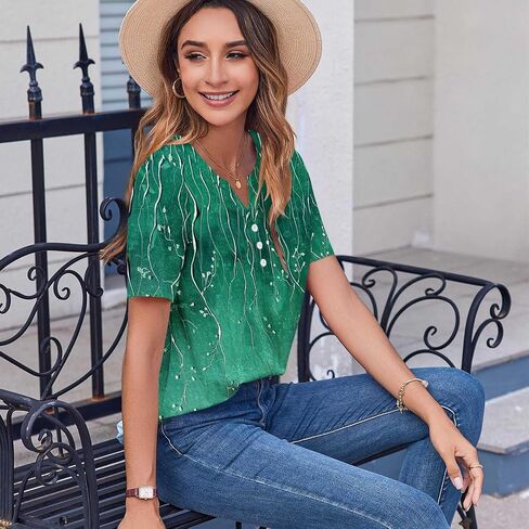 Womens Henley Tops Short Sleeve Loose Fit V Neck Causal Trendy Shirts Elegant Dressy Ladies Blouse Soft Comfy Tees in Kuwait
