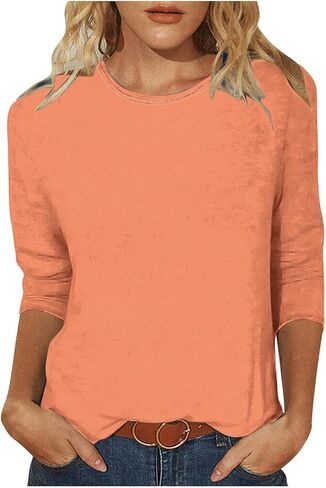Womens Tops Plus Size 3/4 Sleeve Shirts Round Neck Loose Casual Blouses Solid Tshirts Basic Tees Tunic Fashion Clothes in Kuwait