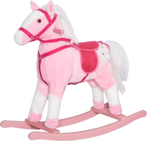 Qaba Kids Rocking Horse Plush Ride On Toy Toddler Rocker for Boys Girls Gifts with Realistic Sounds, Brown in Kuwait