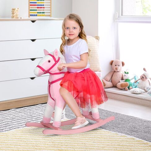 Qaba Kids Rocking Horse Plush Ride On Toy Toddler Rocker for Boys Girls Gifts with Realistic Sounds, Brown in Kuwait