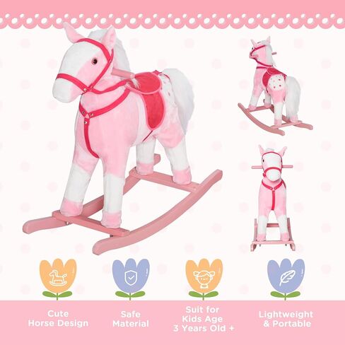 Qaba Kids Rocking Horse Plush Ride On Toy Toddler Rocker for Boys Girls Gifts with Realistic Sounds, Brown in Kuwait