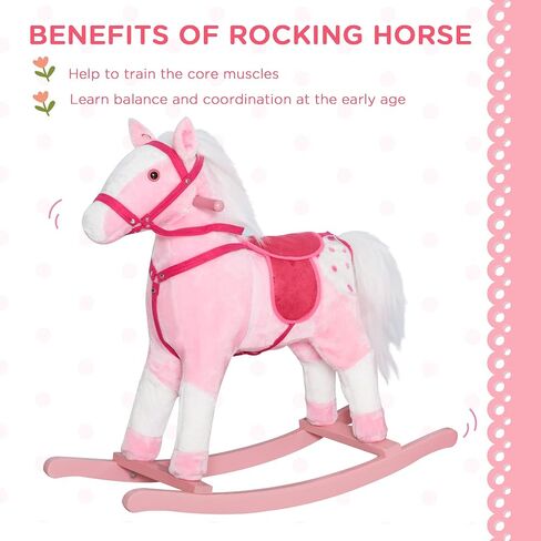 Qaba Kids Rocking Horse Plush Ride On Toy Toddler Rocker for Boys Girls Gifts with Realistic Sounds, Brown in Kuwait