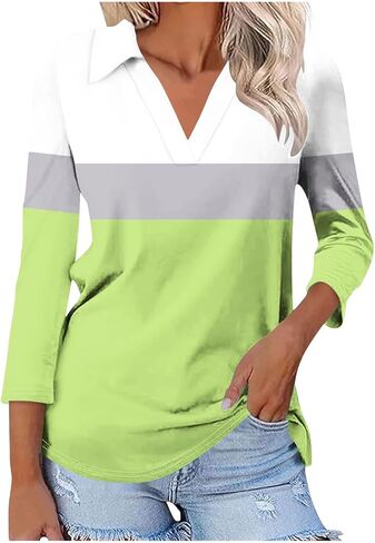 Womens V Neck Golf Shirts 3/4 Sleeve Collared Color Block Tops Business Casual Spring Summer Top Trendy Loose Blouse in Kuwait