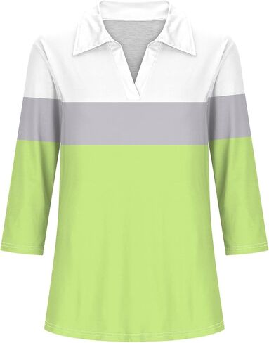 Womens V Neck Golf Shirts 3/4 Sleeve Collared Color Block Tops Business Casual Spring Summer Top Trendy Loose Blouse in Kuwait