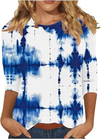Color Block 3/4 Short Sleeve Tops for Women Trendy Casual Shirts Loose Three Quarter Sleeve Tshirts Tie Dye Tees in Kuwait