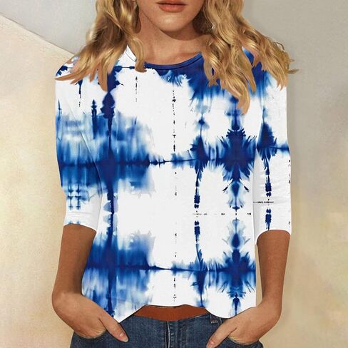 Color Block 3/4 Short Sleeve Tops for Women Trendy Casual Shirts Loose Three Quarter Sleeve Tshirts Tie Dye Tees in Kuwait