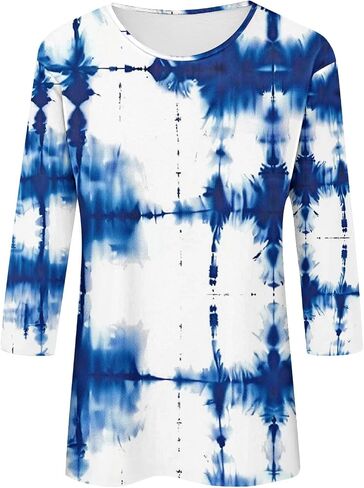 Color Block 3/4 Short Sleeve Tops for Women Trendy Casual Shirts Loose Three Quarter Sleeve Tshirts Tie Dye Tees in Kuwait