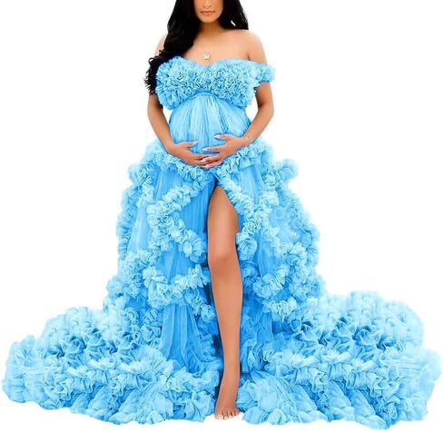 Off Shoulder Maternity Dresses Long Robe for Photoshoot Tulle Puffy Ruffles Pregnancy Gown for Baby Shower in Saudi Arabia