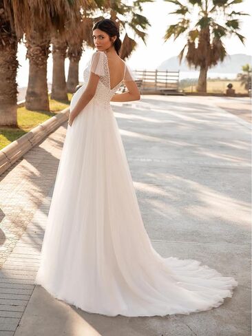 Sequin Maternity Wedding Dresses for Bride V Neck Tulle Pregnant Bridal Gowns Short Sleeves A Line Formal Dresses in Saudi Arabia