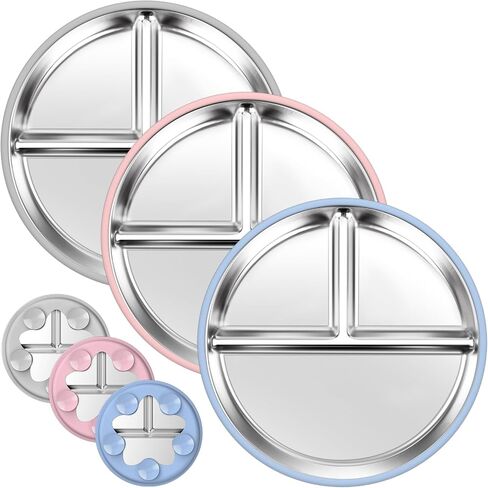 OVV Stainless Steel Kids Plates (2 Pack) – 9 Inch Toddler Divided Plates with ﻿Removable Silicone Sleeves & 5 Suction Cups Baby Self Feeding | Mess-Free Mealtime | Dishwasher Safe in Saudi Arabia