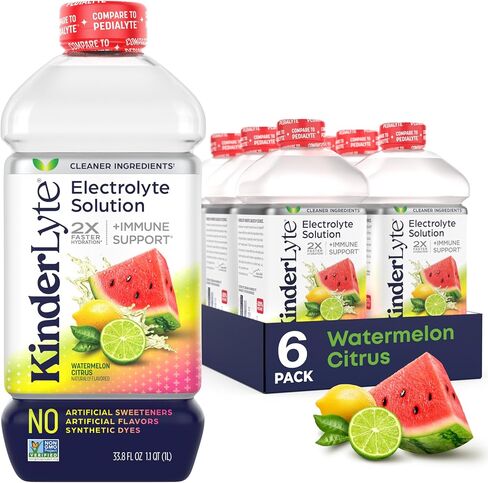 Kinderlyte Electrolyte Solution, 2X Faster Hydration vs. Water Alone, No Artificial Sweeteners or Flavors, No Synthetic Dyes, Tropical Punch, for Kids and Adults, 33.8 fl oz (Pack of 6) in Kuwait