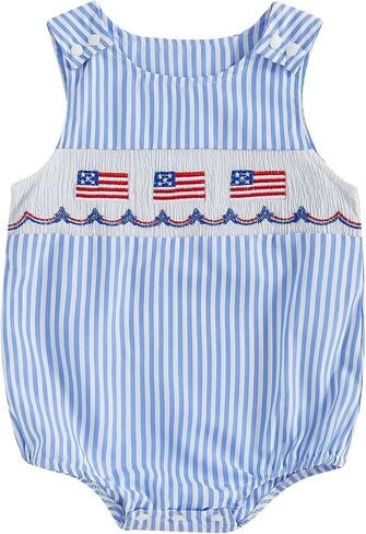 Twopumpkin 4th Fourth Of July Baby Boy Outfit Newborn American Flag Onesie USA Bubble Romper Overalls Smocked Outfits in Kuwait