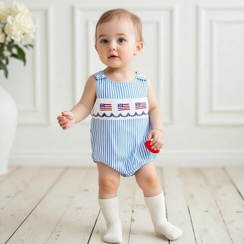 Twopumpkin 4th Fourth Of July Baby Boy Outfit Newborn American Flag Onesie USA Bubble Romper Overalls Smocked Outfits in Kuwait