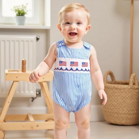Twopumpkin 4th Fourth Of July Baby Boy Outfit Newborn American Flag Onesie USA Bubble Romper Overalls Smocked Outfits in Kuwait