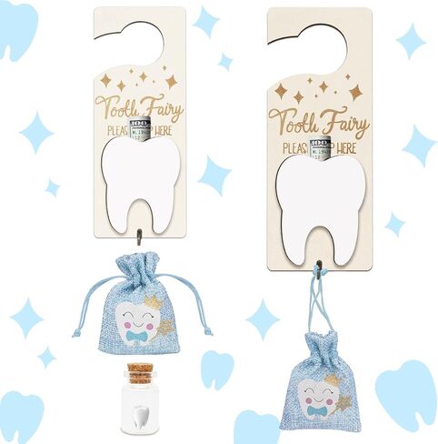 Tooth Fairy Door Hanger, Tooth Fairy Tooth Holder Kit with Money Slot Keepsake Bottle Burlap Pouch & Upgrade Night Light, Wooden Encourage Gift for Kids Children Boys Girls Lost Teeth (Pink) in Kuwait