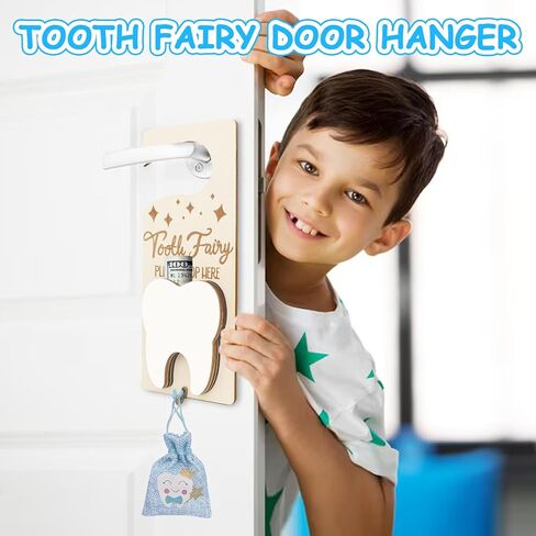 Tooth Fairy Door Hanger, Tooth Fairy Tooth Holder Kit with Money Slot Keepsake Bottle Burlap Pouch & Upgrade Night Light, Wooden Encourage Gift for Kids Children Boys Girls Lost Teeth (Pink) in Kuwait