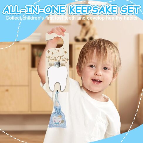 Tooth Fairy Door Hanger, Tooth Fairy Tooth Holder Kit with Money Slot Keepsake Bottle Burlap Pouch & Upgrade Night Light, Wooden Encourage Gift for Kids Children Boys Girls Lost Teeth (Pink) in Kuwait