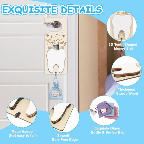 Tooth Fairy Door Hanger, Tooth Fairy Tooth Holder Kit with Money Slot Keepsake Bottle Burlap Pouch & Upgrade Night Light, Wooden Encourage Gift for Kids Children Boys Girls Lost Teeth (Pink) in Kuwait