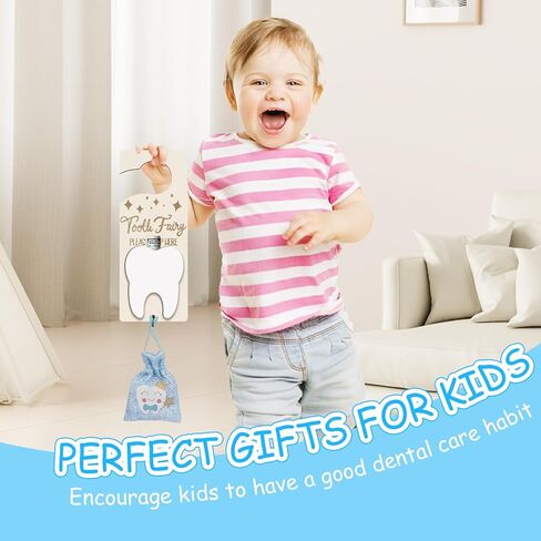 Tooth Fairy Door Hanger, Tooth Fairy Tooth Holder Kit with Money Slot Keepsake Bottle Burlap Pouch & Upgrade Night Light, Wooden Encourage Gift for Kids Children Boys Girls Lost Teeth (Pink) in Kuwait