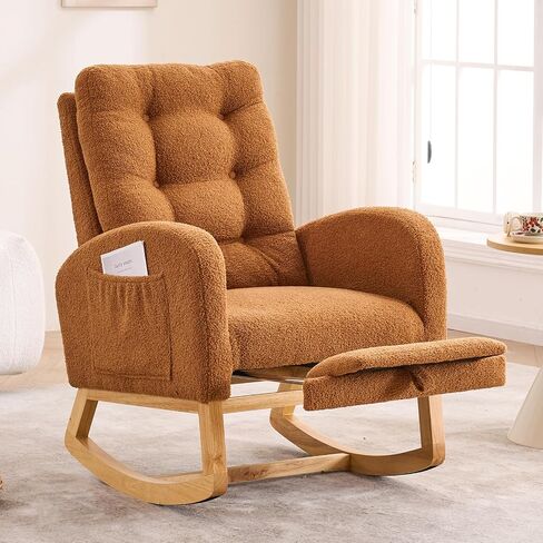 Nursery Rocking Chair,Rubber Wood Base Glider Rocking Chair with Adjustable Footrest and Side Pocket,Teddy Fleece Glider Rocker for Living Room, Bedroom (Shaker Fleece, White) in Saudi Arabia