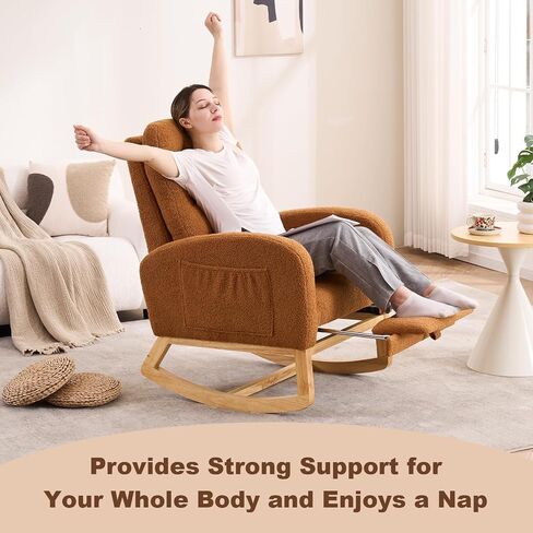 Nursery Rocking Chair,Rubber Wood Base Glider Rocking Chair with Adjustable Footrest and Side Pocket,Teddy Fleece Glider Rocker for Living Room, Bedroom (Shaker Fleece, White) in Saudi Arabia