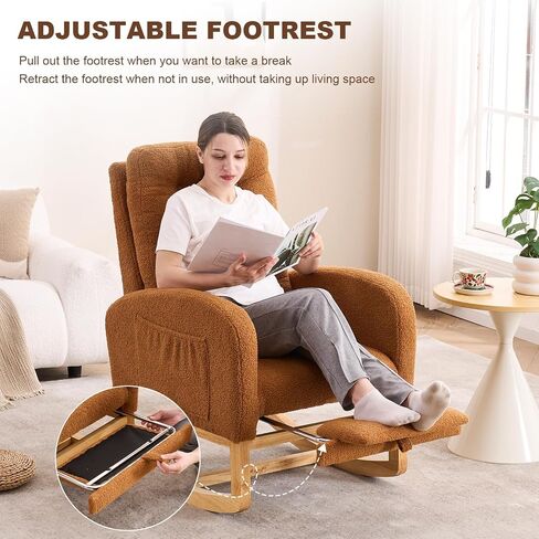 Nursery Rocking Chair,Rubber Wood Base Glider Rocking Chair with Adjustable Footrest and Side Pocket,Teddy Fleece Glider Rocker for Living Room, Bedroom (Shaker Fleece, White) in Saudi Arabia