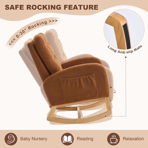 Nursery Rocking Chair,Rubber Wood Base Glider Rocking Chair with Adjustable Footrest and Side Pocket,Teddy Fleece Glider Rocker for Living Room, Bedroom (Shaker Fleece, White) in Saudi Arabia
