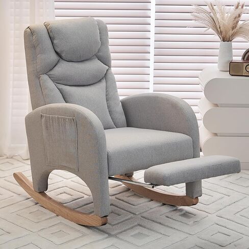 Rocking Chair Nursery,Modern Glider Chair with Adjustable Footrest and Solid Wood Legs,High Backrest Nursery Chair with Side Pocket,Rocker Armchair for Living Room Bedroom Cotton Linen, Beige in Kuwait