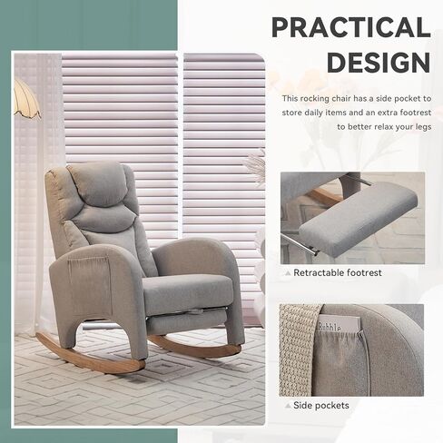 Rocking Chair Nursery,Modern Glider Chair with Adjustable Footrest and Solid Wood Legs,High Backrest Nursery Chair with Side Pocket,Rocker Armchair for Living Room Bedroom Cotton Linen, Beige in Kuwait