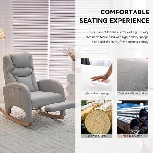 Rocking Chair Nursery,Modern Glider Chair with Adjustable Footrest and Solid Wood Legs,High Backrest Nursery Chair with Side Pocket,Rocker Armchair for Living Room Bedroom Cotton Linen, Beige in Kuwait