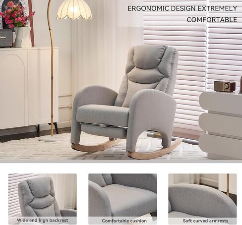 Rocking Chair Nursery,Modern Glider Chair with Adjustable Footrest and Solid Wood Legs,High Backrest Nursery Chair with Side Pocket,Rocker Armchair for Living Room Bedroom Cotton Linen, Beige in Kuwait