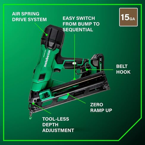 Metabo HPT 18V Multivolt Brushless Pro 15-Ga Ga Angled Finish Dailer Kit ، 15 Gauge Finish Nailer ، أداة طاقة مع بطارية أيون ليثيوم 2.0AH ، 1-1/4 "إلى 2-1/2" ، محرك قوي بدون فرش ، NT1865DAA in Kuwait
