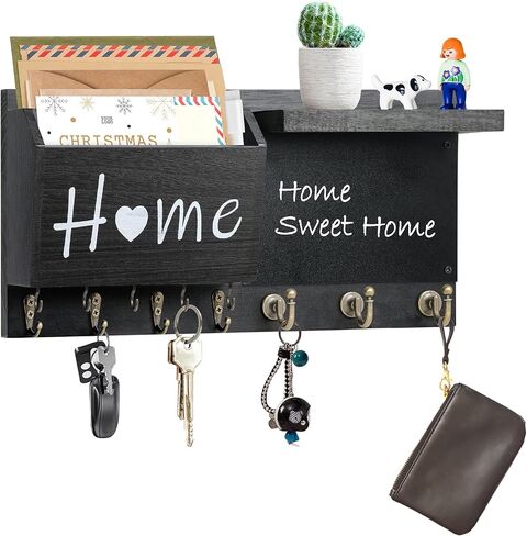 RELBRO Key Holder Wall Mount, Wooden Chalkboard Mail and Key Organizer with Shelf, 12 Key Hooks, White in Saudi Arabia