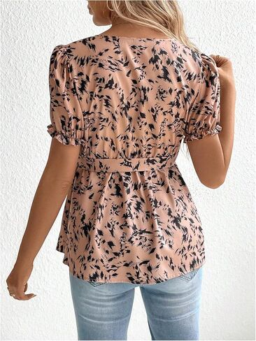 OYOANGLE Women's Maternity Blouse Printed V Neck Puff Short Sleeve Ruffle Hem Knot Side Wrap Shirt Top in Saudi Arabia