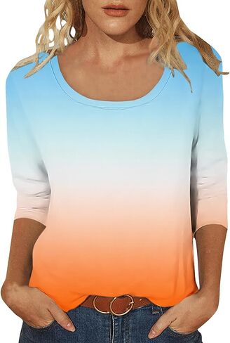 Scoop Neck 3/4 Sleeve Tees for Women Dressy Casual Gradient Tunic Solid Color Block Tops Blouses Summer Stripes Tee in Saudi Arabia