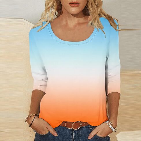 Scoop Neck 3/4 Sleeve Tees for Women Dressy Casual Gradient Tunic Solid Color Block Tops Blouses Summer Stripes Tee in Saudi Arabia