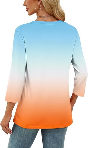 Scoop Neck 3/4 Sleeve Tees for Women Dressy Casual Gradient Tunic Solid Color Block Tops Blouses Summer Stripes Tee in Saudi Arabia