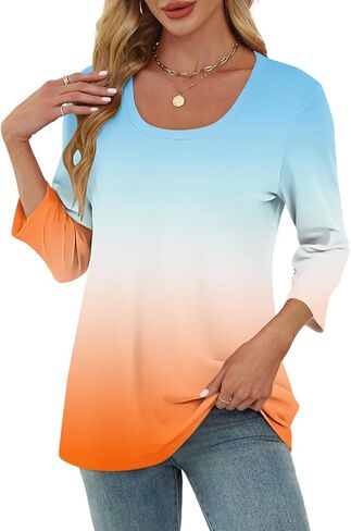 Scoop Neck 3/4 Sleeve Tees for Women Dressy Casual Gradient Tunic Solid Color Block Tops Blouses Summer Stripes Tee in Saudi Arabia