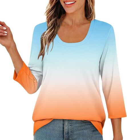 Scoop Neck 3/4 Sleeve Tees for Women Dressy Casual Gradient Tunic Solid Color Block Tops Blouses Summer Stripes Tee in Saudi Arabia