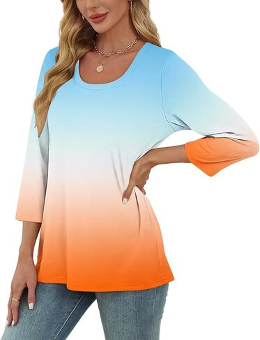 Scoop Neck 3/4 Sleeve Tees for Women Dressy Casual Gradient Tunic Solid Color Block Tops Blouses Summer Stripes Tee in Saudi Arabia