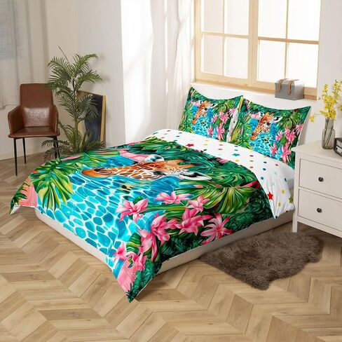 Kawaii Tiger Duvet Cover Sets(NO Comforter),Wild Animals Bathing in Bathtub Comforter Cover for Kids Adults Bedroom Decor,Dreamy Butterfly Flowers Bedding,Rustic Style Quilt Cover,Toddler Size in Kuwait