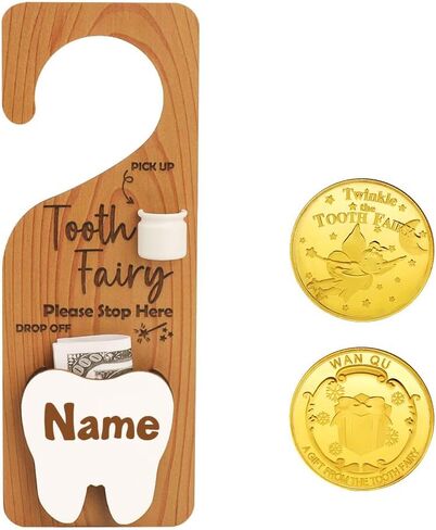 WALLFID 2-in-1 Customizable Tooth Fairy Tooth Holder & Door Hanger,Includes a Tooth Fairy Coin,Personalizable with Name and Date,Used for Holding Lost Teeth and Small Gifts (Wood 1) in Saudi Arabia