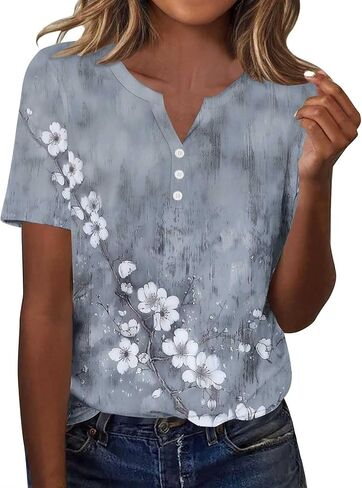 Womens Henley Tops Short Sleeve Loose Fit V Neck Causal Trendy Shirts Elegant Dressy Ladies Blouse Soft Comfy Tees in Kuwait