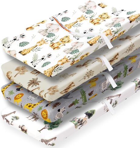 4 Pack Safari Jungle Animals Neutral Unisex Fitted Nursery Baby Sheets Set Toddler Mattress Sheets for Baby Boys or Girls (Crib Sheets) in Kuwait