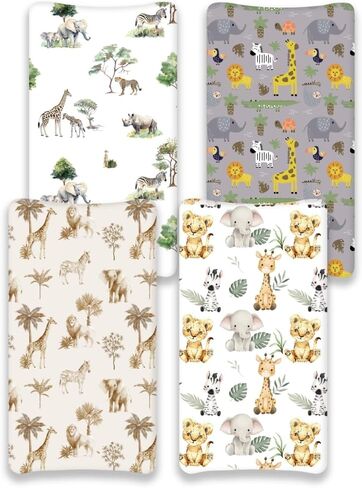 4 Pack Safari Jungle Animals Neutral Unisex Fitted Nursery Baby Sheets Set Toddler Mattress Sheets for Baby Boys or Girls (Crib Sheets) in Kuwait