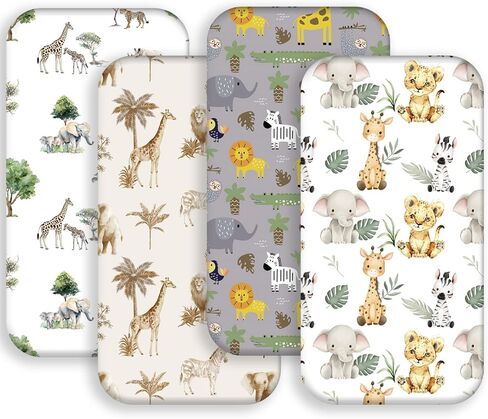 4 Pack Safari Jungle Animals Neutral Unisex Fitted Nursery Baby Sheets Set Toddler Mattress Sheets for Baby Boys or Girls (Crib Sheets) in Kuwait