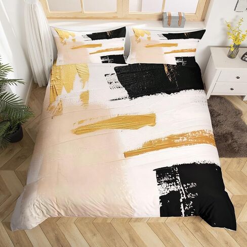 jejeloiu Abstract Art Duvet Cover Black Gold Bedding Set for Kids Boys Girls Teens Room Decor Retro Watercolor Artwork Design Comforter Cover Toddler Size Zipper Breathable Soft Lightweight Microfiber in Saudi Arabia